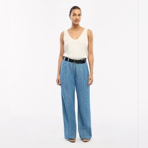Another Tomorrow Chambray Relaxed Wide Leg Pant in Medium Blue